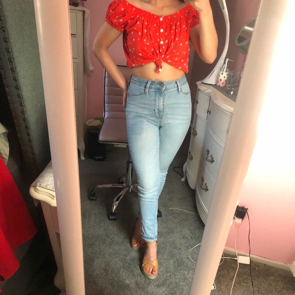 bright orange off the shoulder crop top